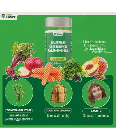 New Nature Super Greens Gummies Supplement with Fruit & Vegetable Powders Chlorella & Bacillus Coagulans 60 Gummies with Lemon & Orange Flavor Without Gelatin - Buy Online on GoSupps.com