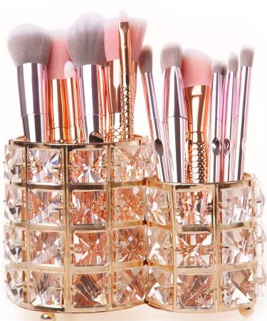 Makeup Brush Holders Crystal Makeup Brush Organizer Makeup Storage Makeup Brush Cup Holders Handcrafted Bling Gorgeous Decor for Vanity Extra Capacity Wide Opening (Gold)