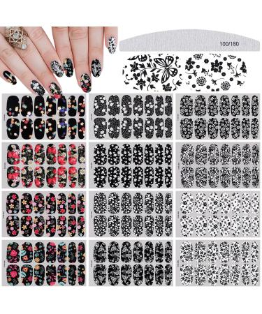 EBANKU Black White Full Wraps Nail Stickers 12 Sheets Flower Butterfly Retro Pattern Decals French Classic Simple Self Adhesive Decals for Girl Women Nails Art DIY Decoration (Flowers)