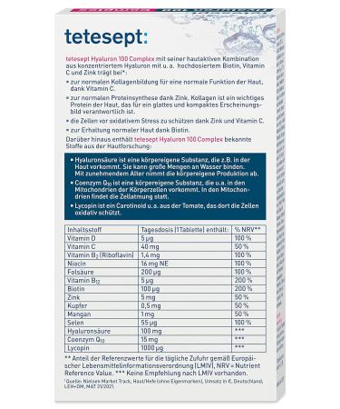 Tetesept Hyaluron 100 Complex - Q10 Biotin Lycopin Vitamin C | Dietary Supplement for Radiant Skin - 30 Mini Tablets - Buy Online on GoSupps.com