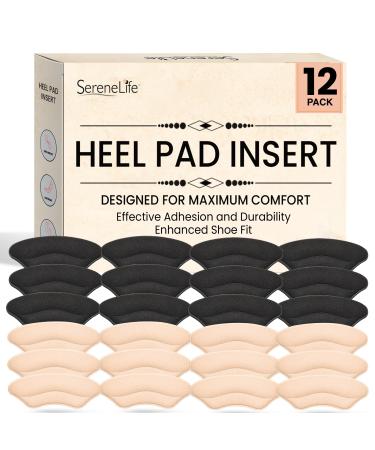 SereneLife Heel Pad Shoe Insert | 12 Pairs of Shoe Pad Inserts for Men & Women's Shoes High Heels Loafers & Sneakers | Soft & Comfortable | Strong Adhesive for Lasting Adhesion - Black & Apricot Pack of 12