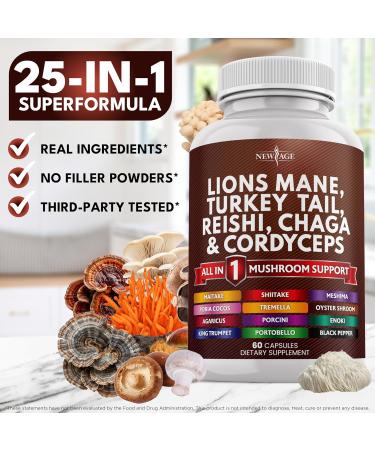NEW AGE Lions Mane Mushroom Supplement with Turkey Tail Reishi Cordyceps Chaga with Marshmallow Root - 120 Count 120 Capsules (Pack of 2) - Buy Online on GoSupps.com