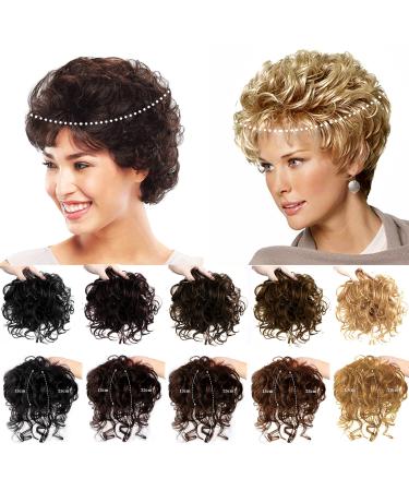 Eree Hair Short Curly Human Hair Topper 4.7x5" Topper Hair Piece Top Cilp in Human Hair Extensions Wavy Women Toupee Human Hair Wiglet Hairpiece for Thinning Hair(6" Light Brown)