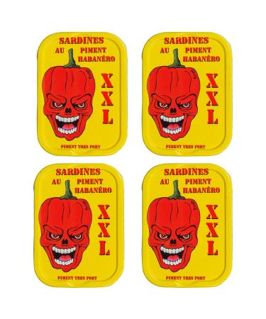 Food-United Fish-Sardinen-Mit-Habanero-Chilischoten La Quiberonnaise Sardines Filets Au Piment Habanero 4x 115g Spicy Sharf taste with Habanero pods in decorative can tasteless 115 g (4 Pack)