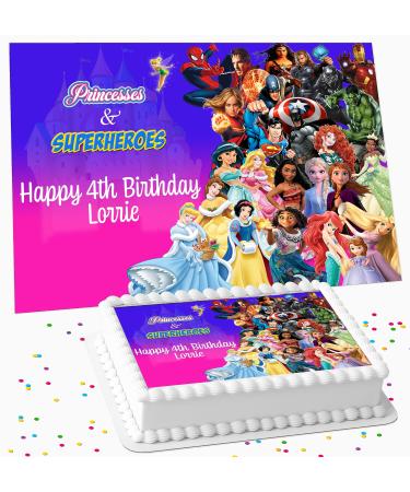 PRINCESS & SUPERHEROES PERSONALISED EDIBLE ICING COSTCO CAKE TOPPER R3-39