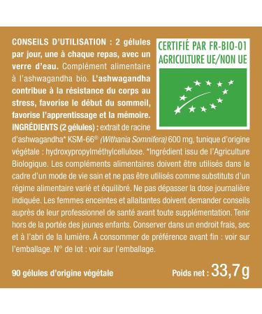 ASHWAGANDHA Organic - Patented Extract Standardized to 5% Withanolides - Physical & Mental Wellness Tone & Concentration - 600 mg - 90 Vegan Capsules - Nutrimea - Made in France - Buy Online on GoSupps.com