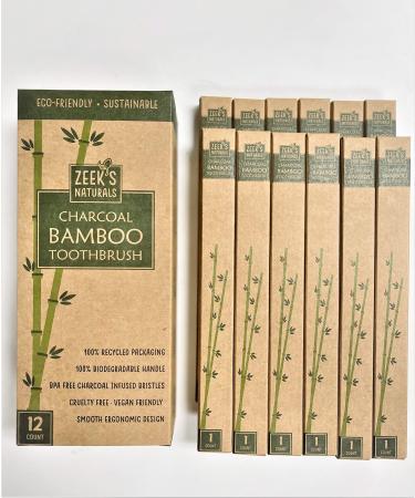 Zeek's Naturals LLC Biodegradable Eco-Friendly Natural Bamboo Charcoal Toothbrushes - Pack of 12 - Numbered - Charcoal Infused Bristles (12)