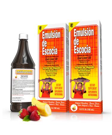 Emulsi n de Escocia Cod Liver Oil Liquid Supplement with Vitamins A, D, E & B1 - Natural Fish Oil Omega 3 for Kids & Adults - Delicious Strawberry Banana Flavor - 6.5 oz (2-Pack)
