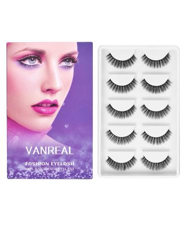 VANREAL Wispy Lashes Natural Look Faux Mink Lashes Fluffy 5 Pairs D Cur Wispy Lashes that Look Like Extensions Cat Eye Lashes 11mm V-03