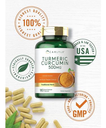 Turmeric Curcumin 500mg 180 Powder Capsules | Joint Support Complex with Bioperine | Non-GMO Gluten Free Supplement by Carlyle - Buy Online on GoSupps.com