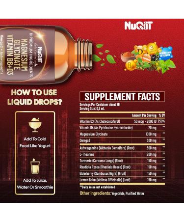 10in1 Magnesium Glycinate Liquid Drop - Omega-3 Ashwagandha Root L-Theanine Turmeric Rhodiola Rosea Maximized Absorption Magnesium Complex Supplement - 1 FL Oz - 2 Month Supply - Buy Online on GoSupps.com