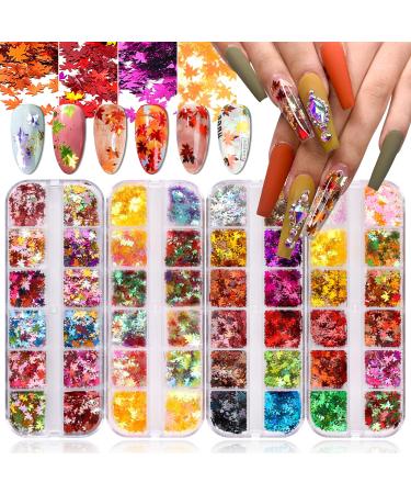 Kalolary 4 boxes Ahorn leaves nail art glitter sequins 3D holographic autumn leaves confetti for nail design eyes make -up sequins dazzling flakes diy craft decorations -a