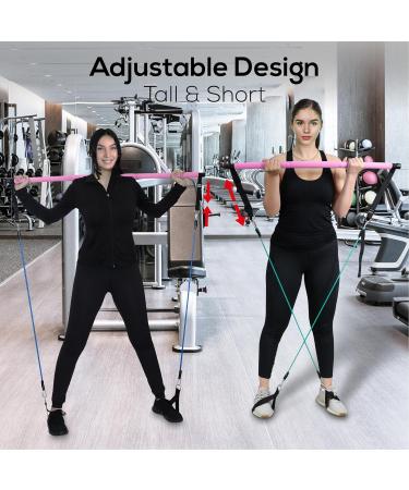Lexil Portable Pilates Bar Exercise Set - Stackable with 3 Resistance Bands (15 20 13.6 kg) - Home Fitness Device for Men & Women | Body Toning Workout Set with Fitness Video - Pink - Buy Online on GoSupps.com