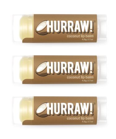 Hurraw! Coconut Lip Balm 3 Pack: Organic Certified Vegan Cruelty and Gluten Free. Non-GMO 100% Natural Ingredients. Bee Shea Soy and Palm Free. Made in USA