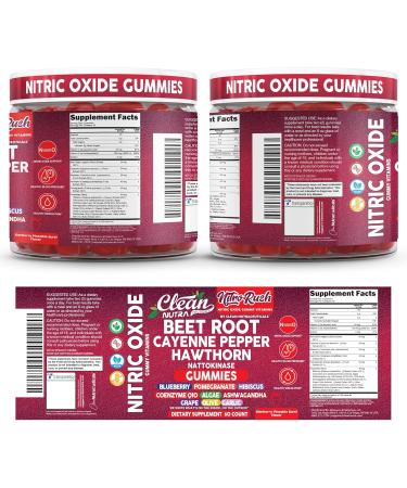 Nitro Rush Nitric Oxide Gummies Beet Root Cayenne Pepper Pomegranate Vitamin C Hawthorn Nattokinase Blueberry Hibiscus Coenzyme Q10 Algae Ashwagandha Root Grape Olive Garlic 60 Count by Clean Nutra - Buy Online on GoSupps.com