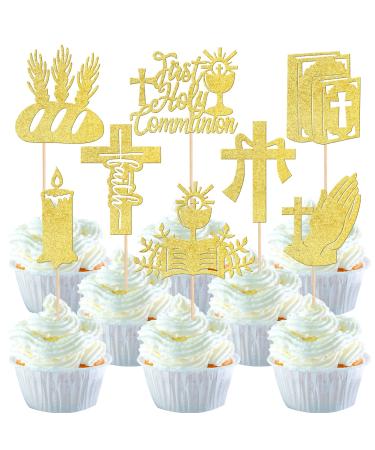 Pack of 24 First Holy Communion Cake Decoration Glitter Cross Bible Cake Decoration Angel God Blessing Cupcke Toppers for First Communion Christening Religion Theme Birthday Party Cupcake Picks New Gold