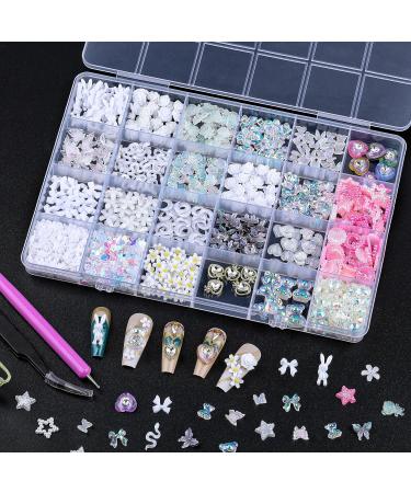 3D Acrylic Nail Charms Kit - Flower Butterfly & Gummy Bear Jewelry | Heart Shaped Flatback Rhinestones | Nail Art Decor with Picker Tools (24 Grids White - Buy Online on GoSupps.com