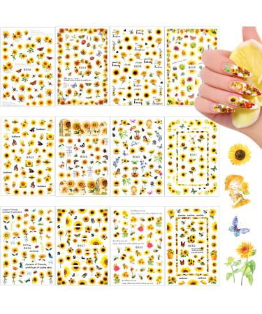 12 Sheets Sunflower Nail Art Stickers Floral Flower Nail Stickers Self-Adhesive Nail Decals Flower Nail Art Decals Colorful Butterfly Flower Nail Stickers for Women Girls  3.74 x 2.56 Inches