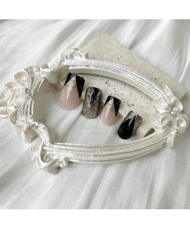 Black Acrylic French Tip Press-On Nails with Gold Glitters - Medium Length False Nails for Women - Buy Online on GoSupps.com