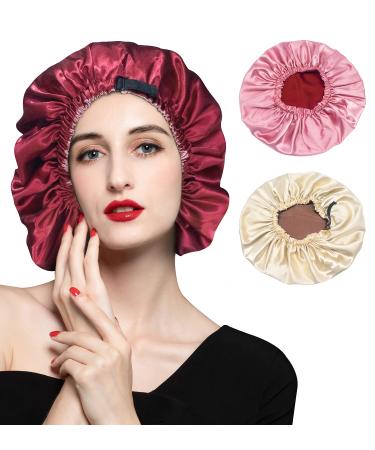 Satin Bonnet Silk Sleeping Cap: 2 Pack Reversible Layer Silk Bonnet for Sleeping, Adjustable Elastic Band Sleep Bonnet for Curly Hair, Braids, Dreadlocks (Extra Large Bonnet 14.6 Inch) Winered & Champagne, X-large