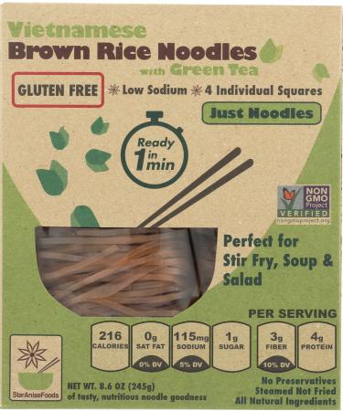 Star Anise Foods Brown Rice Gluten Free Noodles with Green Tea - 24 Servings, 8.6 Oz. Per Box, Pack of 6 Boxes, Pho Noodles Vietnamese, Pad Thai Noodles