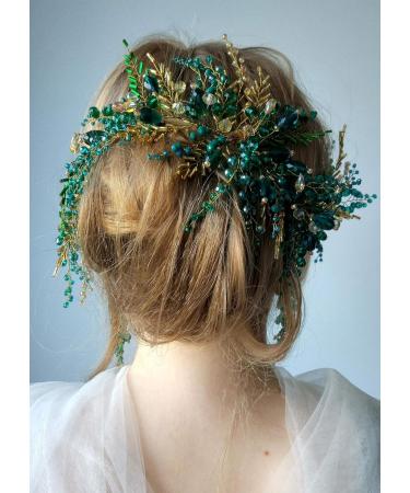 Kercisbeauty Green Beads Headpiece with Earrings Gold Headband for Brides Side Headband Hair Accessories Vintage Wedding Jewelry Handmade - Buy Online on GoSupps.com