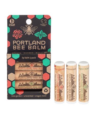 Portland Bee Balm All Natural Handmade Beeswax Based Lip Balm Unscented  Oregon Mint and Rose Assortment 3 Count 3 Count (Pack of 1)