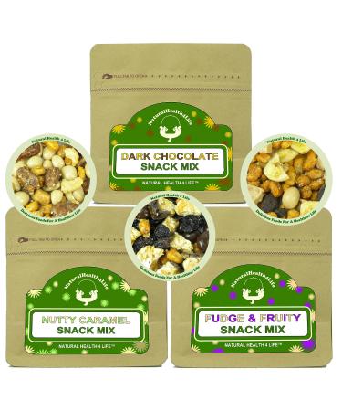 Natural Health 4 Life Snack Nut Mixes Fudge & Fruity Dark Chocolate Nutty Caramel 150g in Kraft Foil Lined Resealable Pouches (3 Pouches) Natural Health 4 Life 3 Snack Mix Set Fudge & Fruity Dark Chocolate Nutty Caramel. 150g x 3.