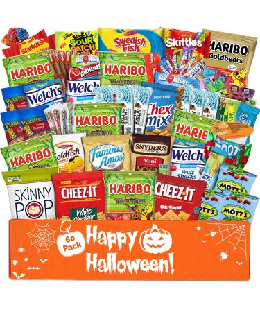 Halloween Care Package Snack box (60) Candy Snacks Assortment Trick or Treat Cookies Food Bars Toys Variety Gift Pack Box Bundle Mixed Bulk Sampler for Children Kids Boys Girls College Students Office