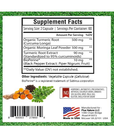 USDA Organic Turmeric & Moringa Capsules with 95% Curcuminoids - 120ct | Bioperine for Enhanced Absorption | 1100mg per Serving | Vegan - Buy Online on GoSupps.com