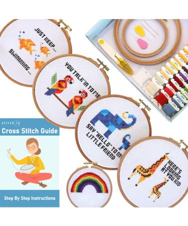 Stitch.ly Counted Cross Stitch Kits for Beginners - Adults and Kids. 6 Cross Stitch Patterns Including 1 Stamped Pattern. All Cross Stitch Kit Supplies Included - Floss Hoops Instructions etc...