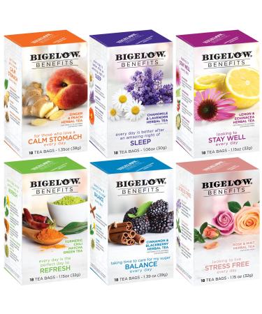 Bigelow Benefits Wellness Teas Variety Pack, Mixed Caffeinated Green Matcha & Caffeine-Free Herbal Tea, 18 Count (Pack of 6), 108 Total Tea Bags (Packaging May Vary) Mixed Benefits Tea 6/18 tb