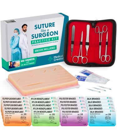 Medical Creations Suture Practice Kit with Suturing Video Series by Board-Certified Surgeon and Ebook Training Guide - Silicone Suturing Pad with Tool Kit - for Any Student in The Medical Field