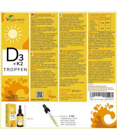 Vitamin D3 K2 Drops Vegavero | VEGAN | 2000 IU Vitamin D3 + 25 g Vitamin K2-MK7 | High Bioavailability and Dosage | Immunity + Teeth and Bone Health - Buy Online on GoSupps.com