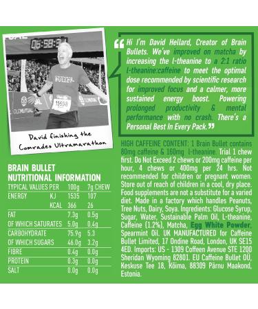 80mg Caffeine & 160mg L-Theanine Focus Enhancing Energy Chews (4 Servings) Neuroscience Backed Nootropic Stack Mental Acuity & Cognitive Support | Mint Matcha Flavor Brain Bullet 1 Packet - 4 Chews - Buy Online on GoSupps.com