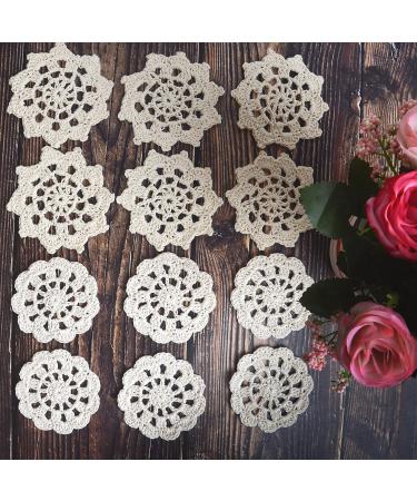 TOSSEY 12PCS Mini Vintage Handmade Crochet Doilies Flowers 100% Cotton Crochet Doilies Appliques Patches for Clothing Headbands Hats Gift Package Need (Beige) Beige 3