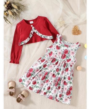 Puseky Toddler Girl Floral Sleeveless Dress with Ribbed Cardigan Coat Set - 18-24 Months (Wine Red) - Buy Online on GoSupps.com
