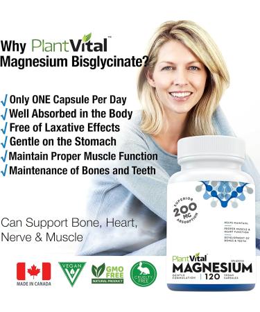 PlantVital Magnesium Glycinate 200mg Capsules - Vegan Sleep Support and Heart Health Supplement - 120 Count - Buy Online on GoSupps.com