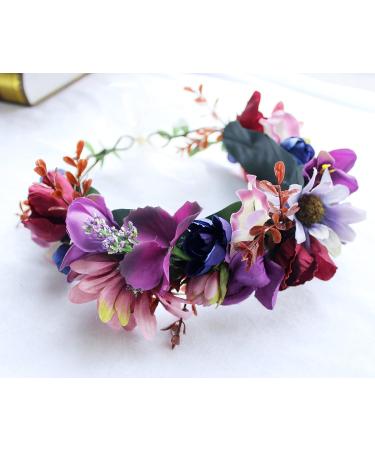 Floral Crown Headband Flower Garland Headband Hair Wreath Hair Garland Flower Halo Floral Headpiece Boho with Ribbon Wedding Party Festival Purple One Size - Buy Online on GoSupps.com