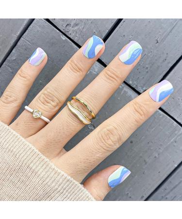 Novo Ovo Short Corner Oval Press On Nails - Purple White Green Strudel - Lavender Stick Artificial Fingernails with Glue for Valentine's Day | International Shipping - Buy Online on GoSupps.com