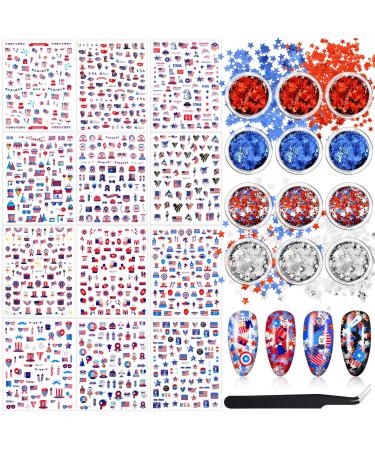 12 Sheets 4th of July Nail Art Stickers Independence Day Patriotic American Flag Nail Decals and 12 Grids Memorial Day Star Holographic Nail Glitter Sequins Red White Blue Nail Flakes with Tweezer