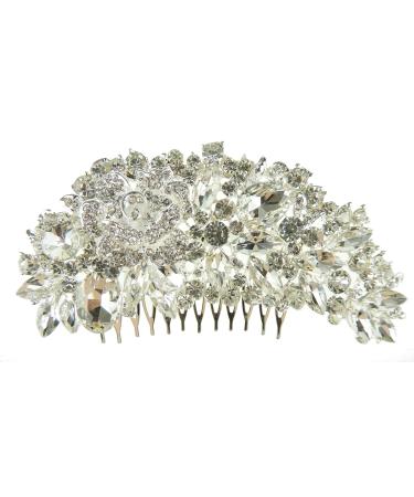 Womens Sparkly Rhinestone Crystal Diamante Bridal Bride Bridesmaid Wedding Accessories Tiara Flower Updo Thick Long Hair Jewelry Silver Tone Large 12cm Rose Vine Spray Side Slide Comb Headpiece