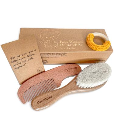 eplanita Baby Hair Brush and Comb Set for Newborns & Toddlers  Wooden with Natural Goat Bristles  for Cradle Cap and Massage  Teething Ring  Baby Registry or Baby Shower