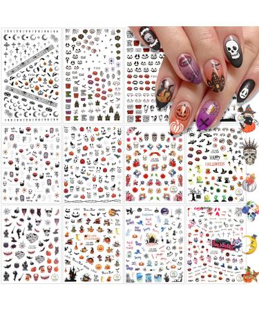 12 Sheets Halloween Nail Stickers Decals EBANKU Self-Adhesive Pumpkin Skull Ghost Bat Grave Nail Stickers 3D Nail Design Nail Decorations for Halloween Party