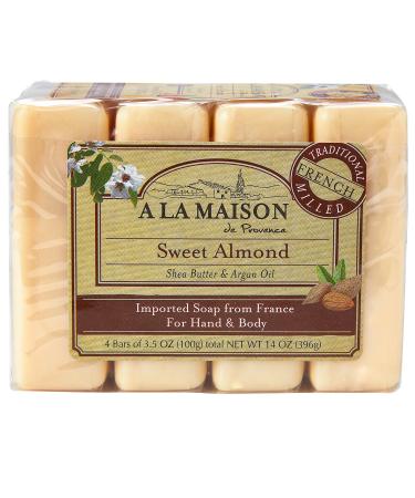 A LA MAISON Sweet Almond Bar Soap - Triple French Milled Natural Moisturizing Hand Soap Bar (4 Bars of Soap 3.5 oz) Almond 3.5 Ounce (Pack of 4)