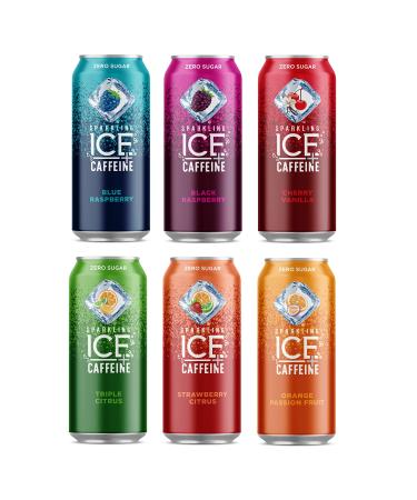 Sparkling Ice +Caffeine, Naturally Flavored Sparkling Water with Antioxidants & Vitamins, Zero Sugar, Multi-Flavor Variety Pack, 16oz Cans with Oasis Snacks Sticker (6 Flavor Variety, Pack of 12) 6 Flavor Variety 16 Fl Oz (Pack of 12)