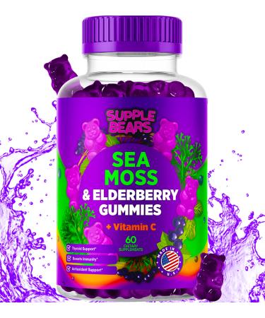 Supplebears Sea Moss Gummies & Elderberry - Vitamin C + Zinc  Extra Strength Immune & Thyroid Support Booster Gummy Bears for Kids & Adults - 60 Seamoss Gummies - Made in The USA Blueberry Elderberry 60 Count (Pack of 1)