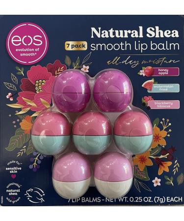 EOS Evolution of Smooth Natural Shea Smooth Lip Balm 7 pack All Day Moisture - 2 Honey Apple 3 Watermelon Frose and 2 Blackberry Hibiscus