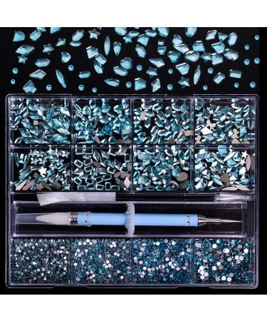 3320Pcs Lake Blue Nail Art Rhinestones Crystal 3D Rhinestones Gems Jewels Diamond 24 Types of 320 Diamonds + 3000 Round Beads Crystals 3D Flat Back Gemstones for Nail DIY Crafts with Tweezers Pen