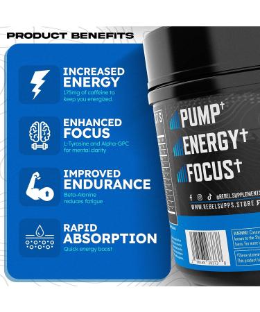 Rebel Supplements Blue Razz Loaded Pre Workout - Extreme Energy Focus & Pumps | 50 Servings | 7000mg L-Citrulline 4000mg Beta Alanine 350mg Caffeine - Buy Online on GoSupps.com